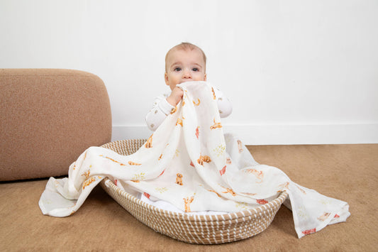 Organic Cotton & Bamboo Muslin Swaddle Blanket in Golden Retriever