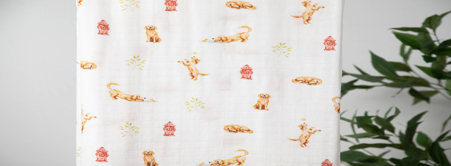 Organic Cotton & Bamboo Muslin Swaddle Blanket in Golden Retriever