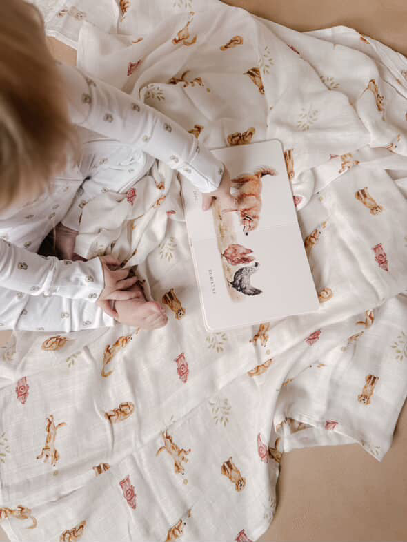 Organic Cotton & Bamboo Muslin Swaddle Blanket in Golden Retriever
