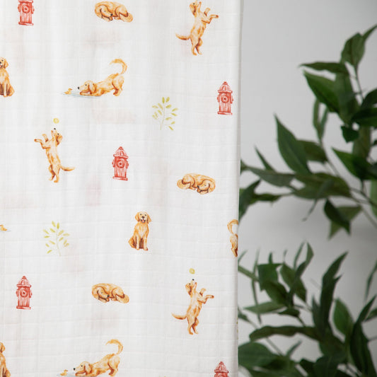 Organic Cotton & Bamboo Muslin Swaddle Blanket in Golden Retriever