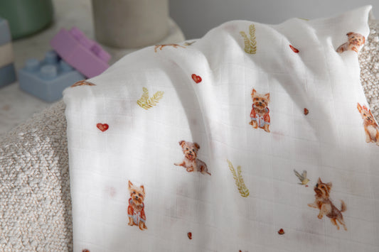Organic Cotton & Bamboo Muslin Swaddle Blanket in Yorkie